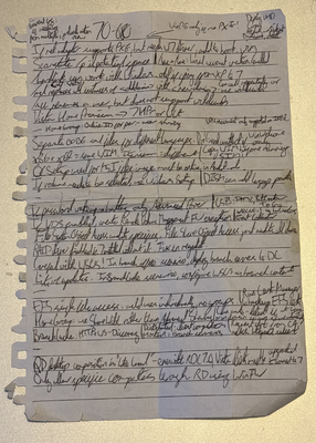 Screenshot of a torn notebook page of scrawled notes. The handwriting is very difficult to read, and scrunched up in a lot of places.