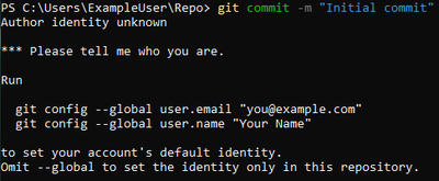 Screenshot of PowerShell, showing the result of running git commit without username and email options set.
