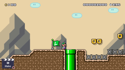 Screenshot of Super Mario Maker 2 - Luigi has just passed a checkpoint. In front of him is a warp pipe, and some challenging looking platforming with falling donut blocks over a pit of spikes.