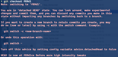 Screenshot of iTerm2, showing the warning when running 'git checkout f89d1' - and how to get out of this state.