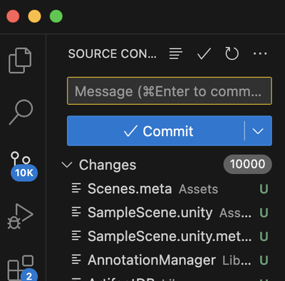The Source Control panel of VSCode, showing 10,000+ changes