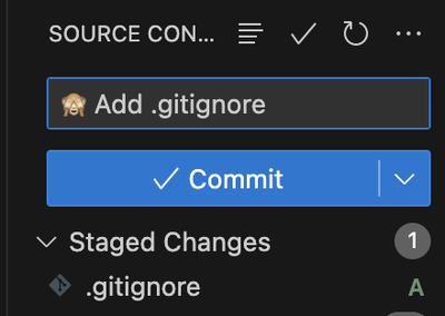 The Source Control panel of VSCode, showing the commit button, with a commit message of '🙈 Add .gitignore'