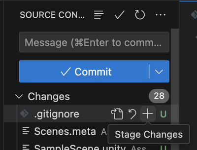 The Source Control panel of VSCode, showing the option to stage changes to the .gitignore