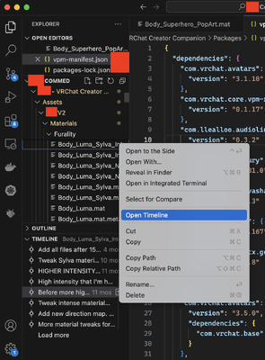 The Files panel of VSCode, showing the Open Timeline option in the right click menu