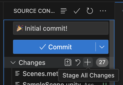 The Source Control panel of VSCode, showing the Stage All Changes button. The commit message is '🎉 Initial commit!'
