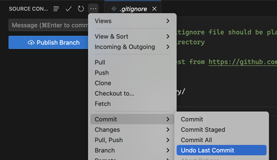 The Source Control panel of VSCode, showing the Undo Last Commit option in the ... menu