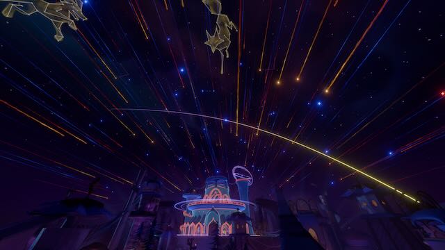 Screenshot from the finale of the Furality Somna fireworks show, with a number of stars speeding towards a central temple.
