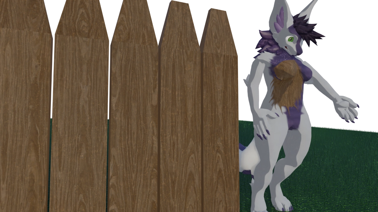A fox (with dragon colours) next to a freshly painted fence, looking down at a splat of paint that's somehow got on them.
