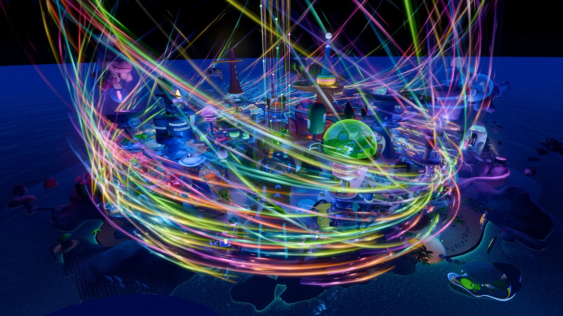 VRChat screenshot, a view of a futuristic city as many points of light swirl around a central point
