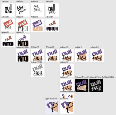 The iterative design process for the Null Patch logo; a collection of wild explorations near the start and leaning in near the end with relatively minor tweaks.