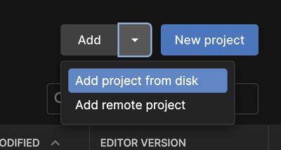 The Unity Hub add project from disk option.