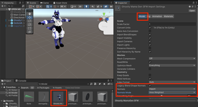 Screenshot of Unity, showing finding model in Project tab, and configuring settings in Model tab