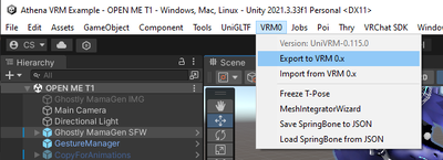 Showing the Export to VRM 0.x option within Unity's menu on Windows.