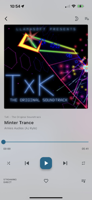 Screenshot of Finamp, showing it playing Minter Trance from the TxK soundtrack by Llamasoft