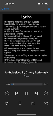 Screenshot of iSub, showing the lyrics for the song Anthologized by Cherry Red, by Spray