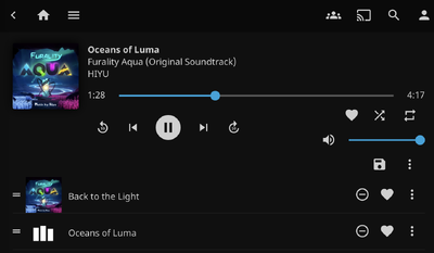 Screenshot of Jellyfin's playlist view, playing the theme from Furality Aqua.