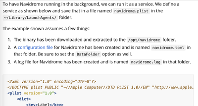 Screenshot of Navidrome's Mac install instructions, detailing the creation of a plist file.