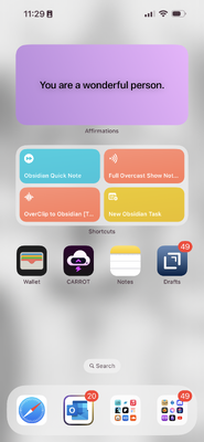 Screenshot of iPhone homescreen with a shortcuts widget prominently displayed, including 'New Obsidian Quick Note'