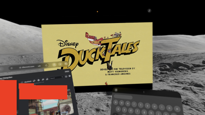 Screenshot from Vision Pro, the DuckTales title card, viewed on the moon, with a Discord chat on the side