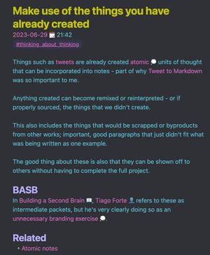 Screenshot of Obsidian, a note titled 'Make use of the things you have already created'
