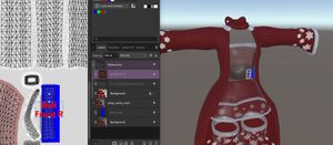 On the left side, an Affinity Designer window with a blue rectangle over part of the texture. On the right, a Unity window with a blue part of the belt and the rest of the model slightly translucent