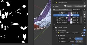 On the left - a set of black and white splotches on a UV map. Right - a Ucupaint window showing various layers including the purple