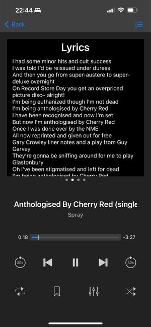 Screenshot of iSub, showing the lyrics for the song Anthologized by Cherry Red, by Spray