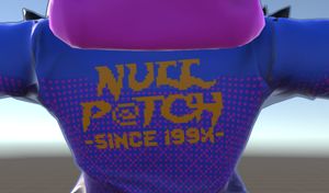 Unity screenshot, a Null Patch logo styled like an old cracking group on the back of a cat's jacket