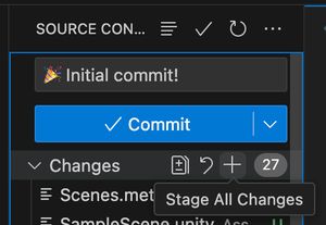 The Source Control panel of VSCode, showing the Stage All Changes button. The commit message is '🎉 Initial commit!'