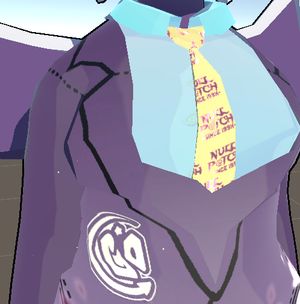 Unity screenshot, a Null Patch logo styled like an old cracking group on a toonier dragoness's tie