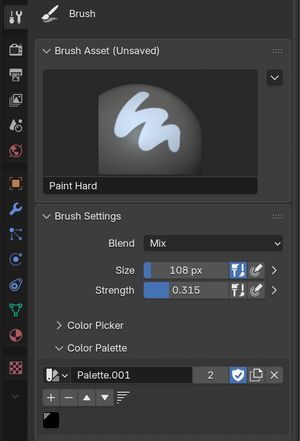 The Blender Draw tab with settings including brush and palette
