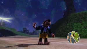 A screenshot of Banjo-Kazooie - Nuts & Bolts for the Xbox 360. Banjo is posing in front of a starry sky that appears to be glitching out a bit.