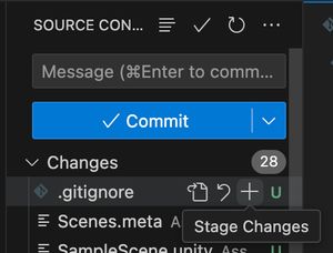 The Source Control panel of VSCode, showing the option to stage changes to the .gitignore