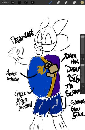 A very hastily drawn Avali in a dream inspired outfit. Captions around the image include 'Dreamweave' pointing to their watch, an 'Avali symbol' on their chest, 'check or other pattern' pointing to the main part of their tunic, 'back has DREAM BIG written in Scratch', and 'sponsor glow stick' attached to their hips