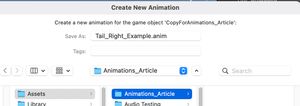 The MacOS save dialogue, saving a new anim file into an Animations folder