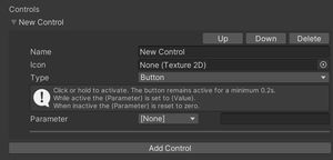 Adding a new control to an expressions menu, with options for name, icon, parameter, and type