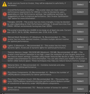 the vrchat sdk errors and warnings window, showing
- very poor rank
- 241278 triangles (recommended: 72000)
- avatar's bounding box being massively outside the range
- 27 skinned mesh renderers (16 max, 1 recommended)
- 3 lights (1 max, recommended 0)
- 194MB of texture memory (150MB max, recommended 40MB)
- 31 material slots (4 recommended)
- 25 physbone components (4 recommended)
- 256 physbone transforms (16 recommended)
- 257 bones (recommended 75)