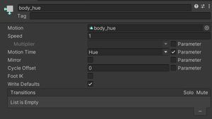 Setting the Motion Time on an animator controller state to the new Hue parameter