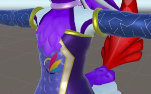 The avatar seen in Unity, now with moon and star patterns on most of their tunic, and constellation patterns on their arm and leg warmers