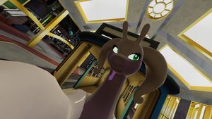 VRChat screenshot, a Goodra in the trolley from Jazztronauts