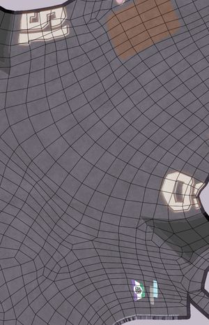 A UV map showing a '150' decal spreading over both the top and bottom of the UV map - because it's one continuous unit rather than separated into UV islands