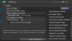 Selecting the 'Slider' and 'Global Parameter' options in VRCFury's menu