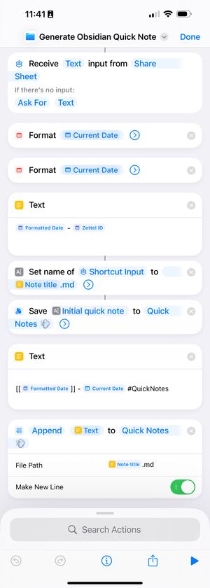 The shortcuts editor on iPhone - prompting for text, formatting the current date to use for a note title and for within the note - and then combining that with a #QuickNotes tag