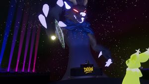 VRChat screenshot, a giant monster holding a UFO over a dancefloor as a small colourful critter looks on.