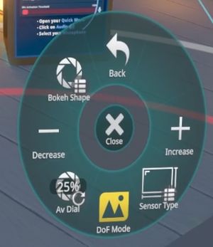 One of VRCLens's menus within VRChat, including the Av Dial option making use of the aperture.