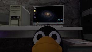 VRChat screenshot, the Linux mascot Tux stands in front of a Linux computer and looks up at the viewer.