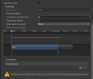 Unity displaying a warning message when there are no conditions and no exit time.