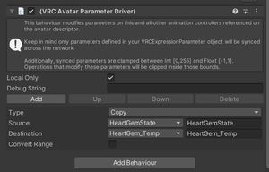 The VRCAvatarParameterDriver option on the Idle on this avatar, showing copying HeartGemState to HeartGemTemp