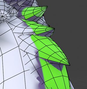 A fox's tail in Blender with obnoxious green paint over it. Some parts of the fluff are missing green paint that you think would have it