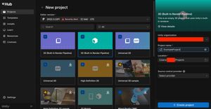 The Unity Hub Create Project screen, showing that we're creating a new project called 'ExampleProject' in my Projects directory
